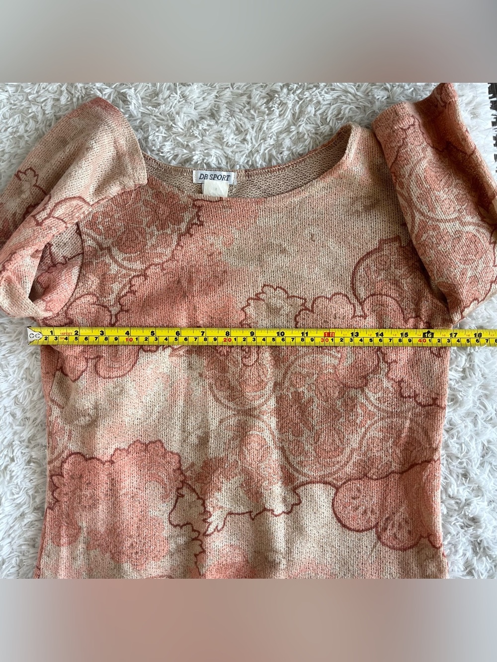 90s DB Sport Peach and beige paisley wide boatneck top with quarter sleeves. - Picture 5 of 5